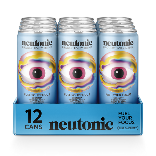 Twelve-pack of blue cans labeled Neutonic Productivity Drink with colorful eye graphic, packaged in blue tray. - Neutonic - Workday Focus Bundle