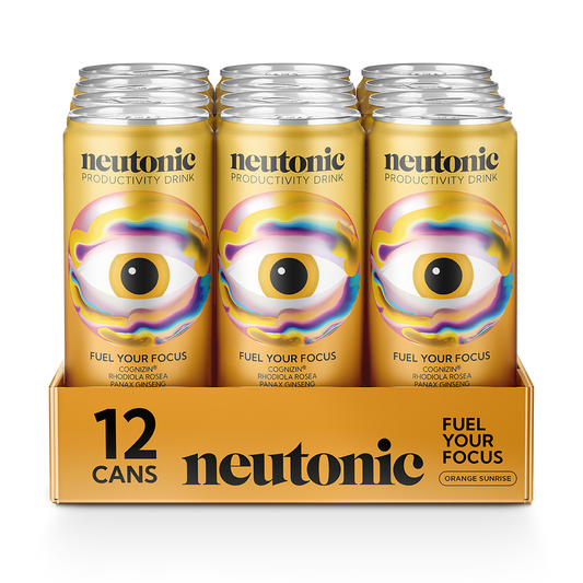 Twelve-pack of gold cans with a colorful eye graphic labeled Neutonic nootropic productivity drink, orange sundae flavor. - Neutonic - Best Sellers Bundle