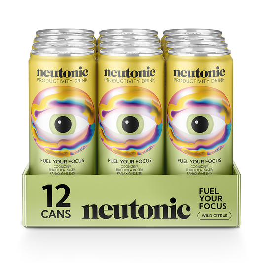 Pack of twelve neon yellow cans with a colorful eye logo and "neutonic productivity drink" branding. - Neutonic - Productivity Drink Team Bundle