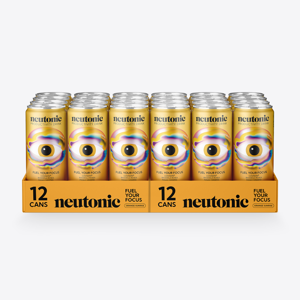 Pack of 12 Neutonic energy drink cans with colorful eye design on a white background