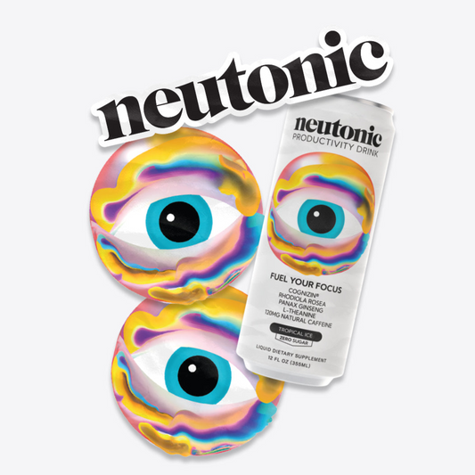 Neutonic nootropics sticker pack featuring colorful eye design and productivity drink can with bold branding. - Neutonic - Neutonic Sticker Pack