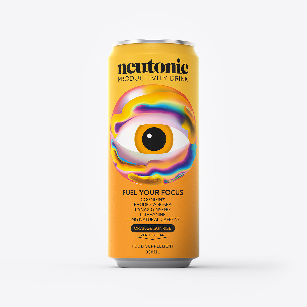 Bright yellow can of Neutonic Productivity Drink featuring a colorful eye graphic and nootropics label. - Neutonic - Productivity Drink - 12 Cans