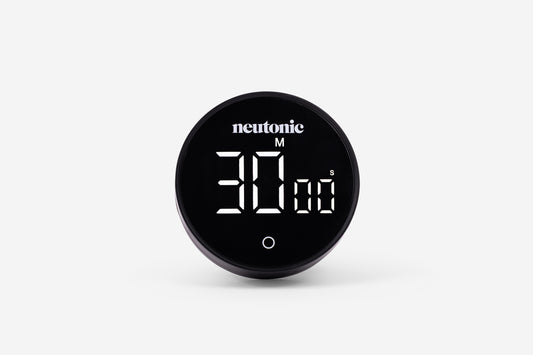 Round black digital focus timer displaying 30 minutes with nootropics branding on top. - Neutonic - Focus Timer