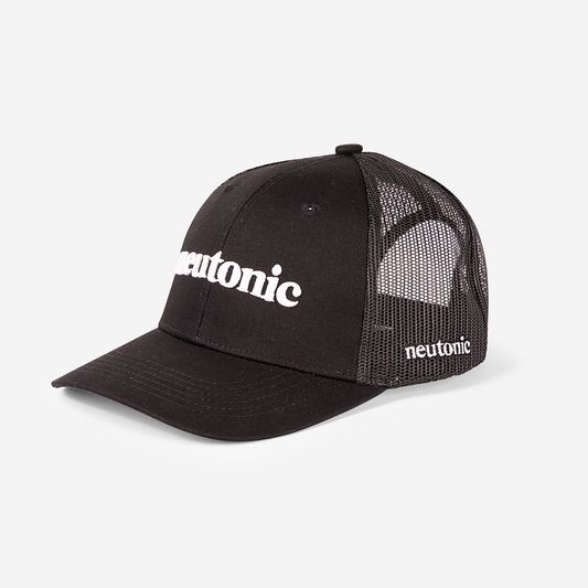 Black trucker cap with white "neurotonic" logo on front and side mesh panel with matching text. - Neutonic - Trucker Cap