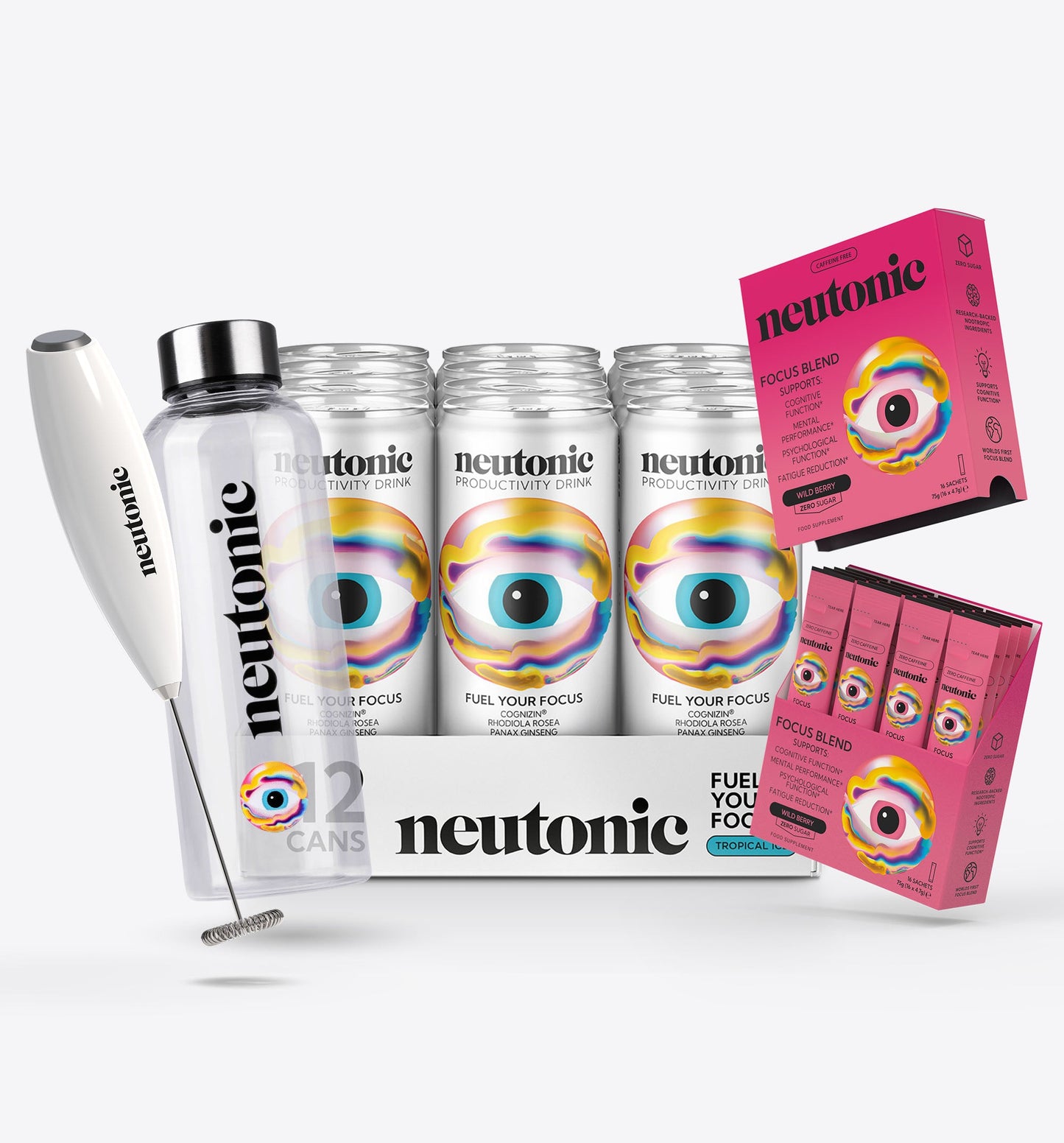 Focus Starter Bundle featuring silver Neutonic nootropic cans with colorful eye logo, a white handheld mixer, and two pink. - Neutonic - Focus Starter Bundle