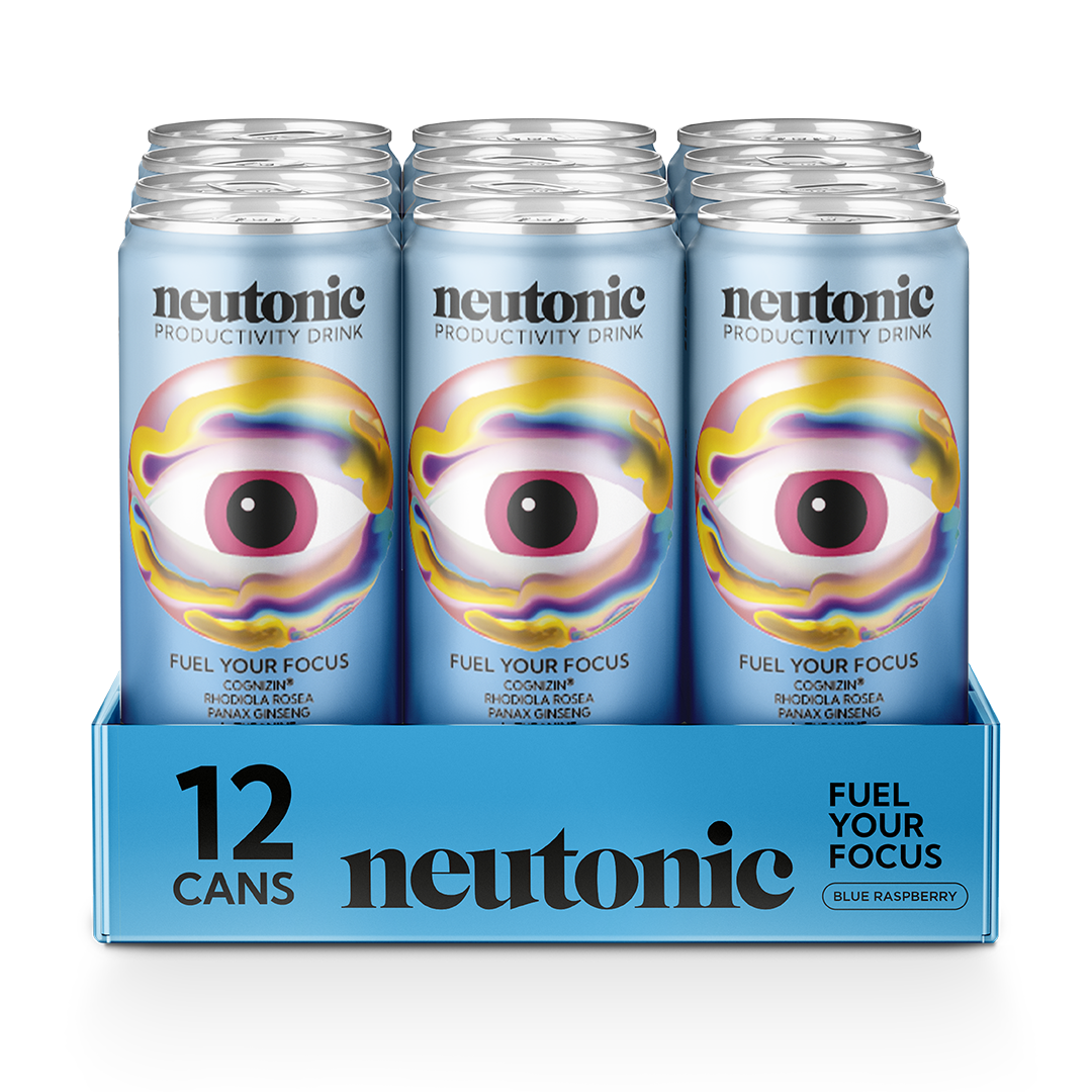Twelve-pack of blue cans labeled Neutonic Productivity Drink with colorful eye graphic, packaged in blue tray. - Neutonic - Workday Focus Bundle