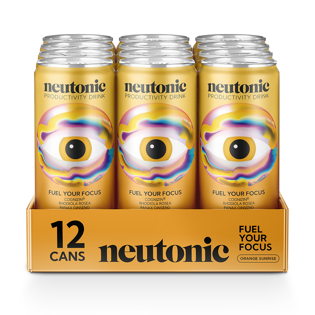 Twelve-pack of gold cans with a colorful eye graphic labeled Neutonic nootropic productivity drink, orange sundae flavor. - Neutonic - Best Sellers Bundle