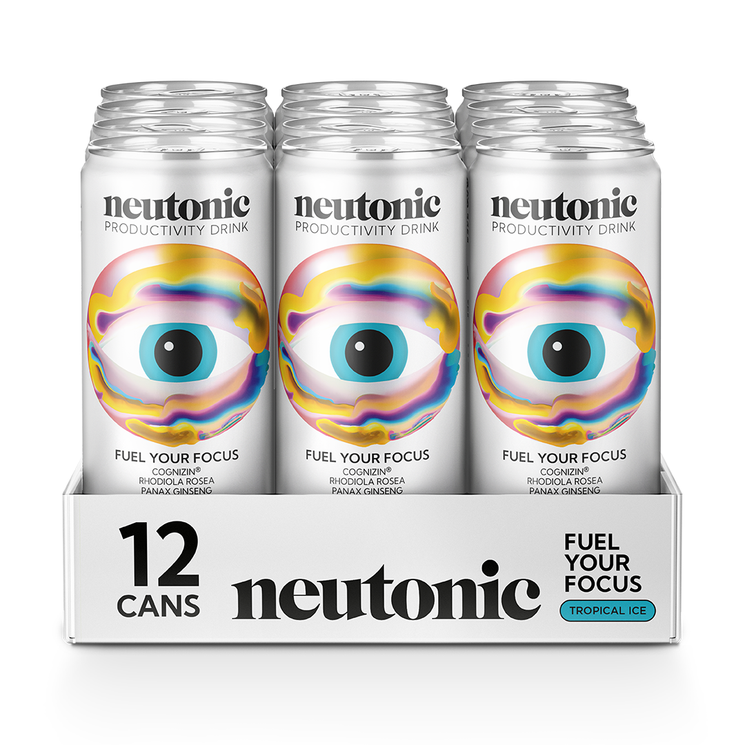 Pack of twelve white aluminum cans with colorful eye design, labeled Neutonic productivity nootropic drink. - Neutonic - Best Sellers Bundle