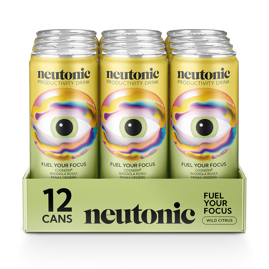 Pack of twelve neon yellow cans with a colorful eye logo and "neutonic productivity drink" branding. - Neutonic - Productivity Drink Team Bundle