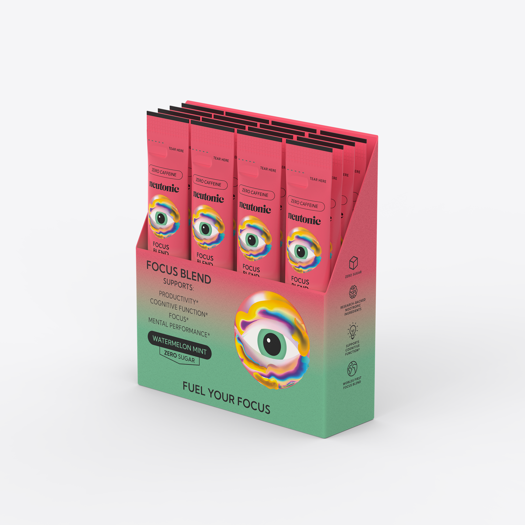 Rectangular box holding multiple pink sachets with colorful eye illustration, labeled Focus Blend nootropic capsules. - Neutonic - Focus Duo Bundle