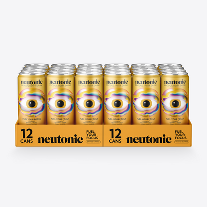 Pack of 12 Neutonic energy drink cans with colorful eye design on a white background