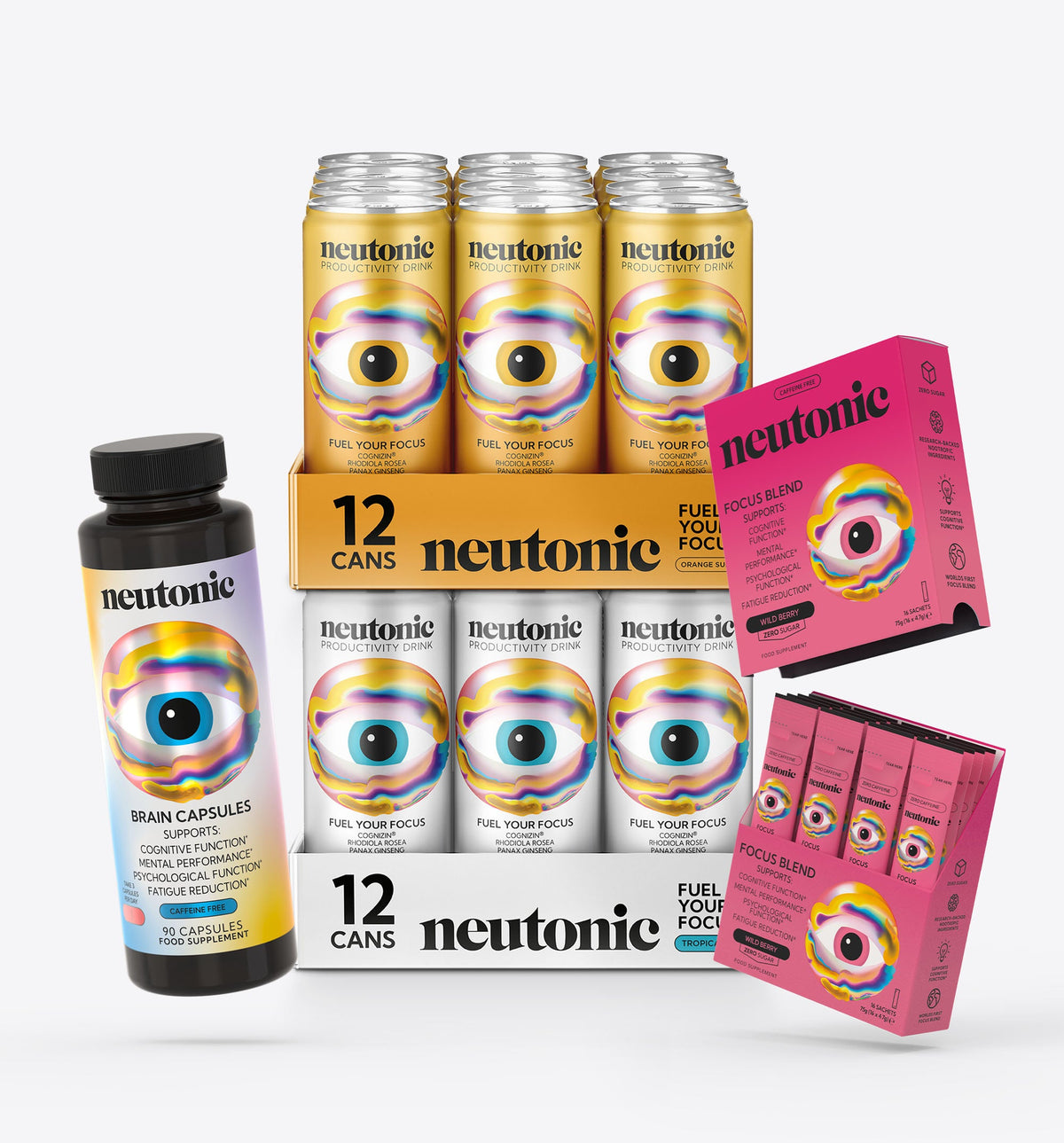 Gold and white cans with eye design labeled Neutonic nootropics, displayed in two 12-can packs, with black bottle of brain. - Neutonic - Best Sellers Bundle