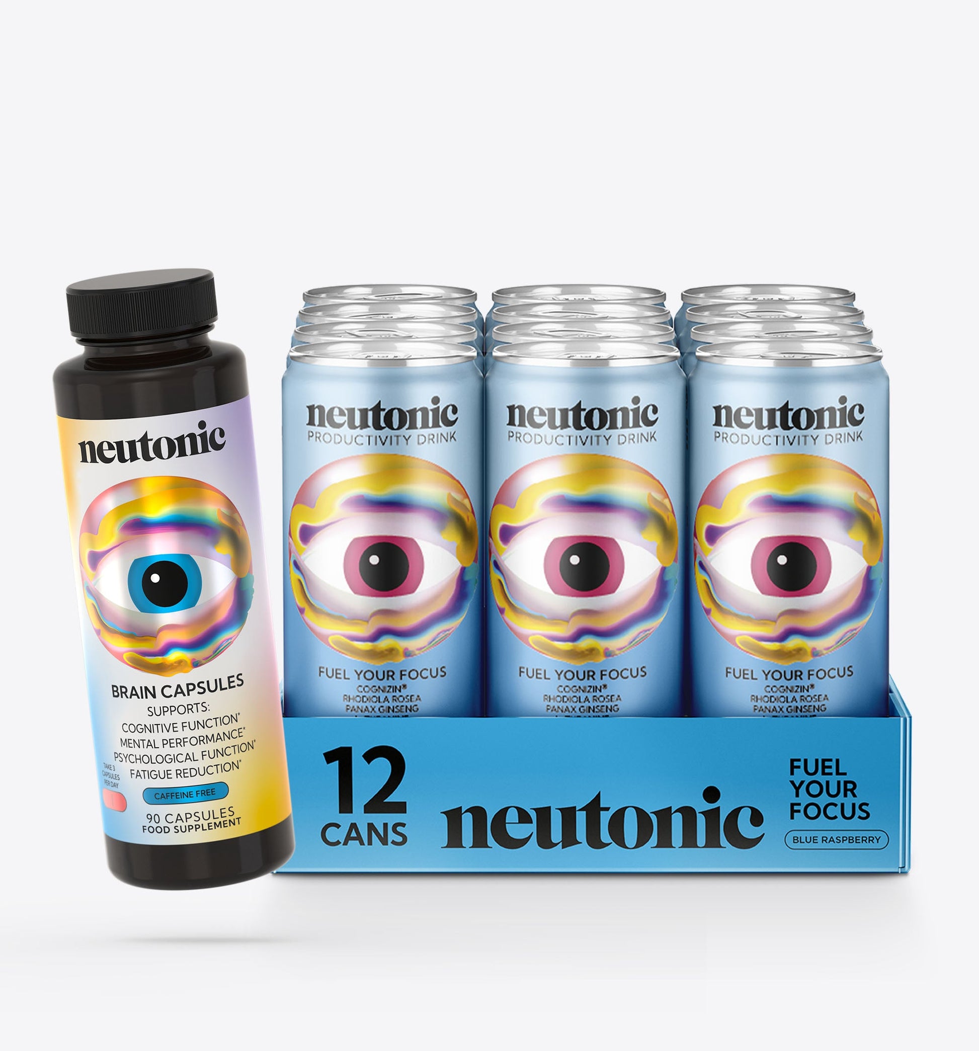 Set of 12 metallic blue cans with large eye graphic labeled neutonic, plus black bottle of brain capsules labeled neutonic. - Neutonic - Workday Focus Bundle