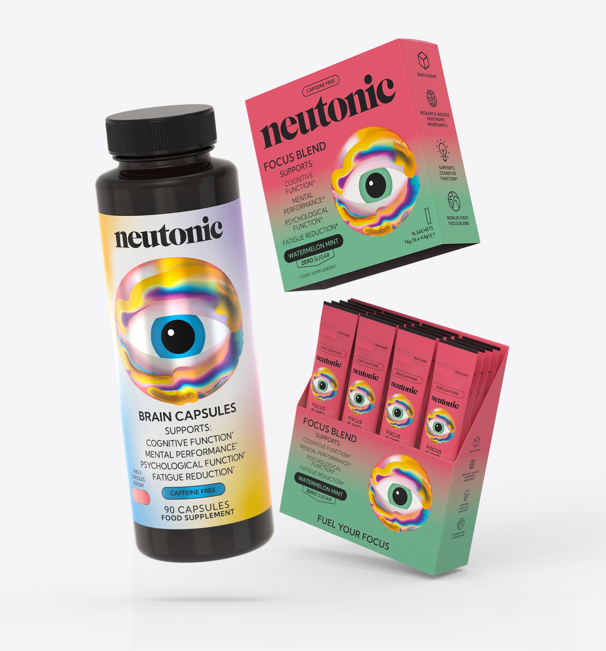 Black bottle and two boxes with colorful eye design, labeled Neutonic Focus Duo nootropics bundle. - Neutonic - Focus Duo Bundle