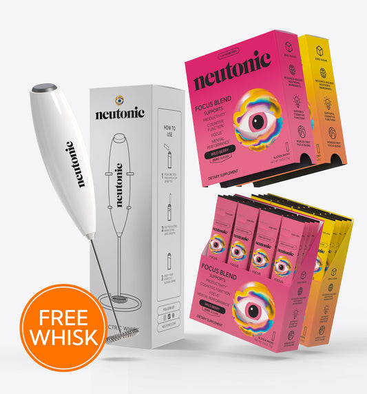 Focus Blend Starter Pack with vibrant pink and yellow nootropics boxes and a sleek white electric whisk labeled neutonic. - Neutonic - Focus Blend Starter Pack