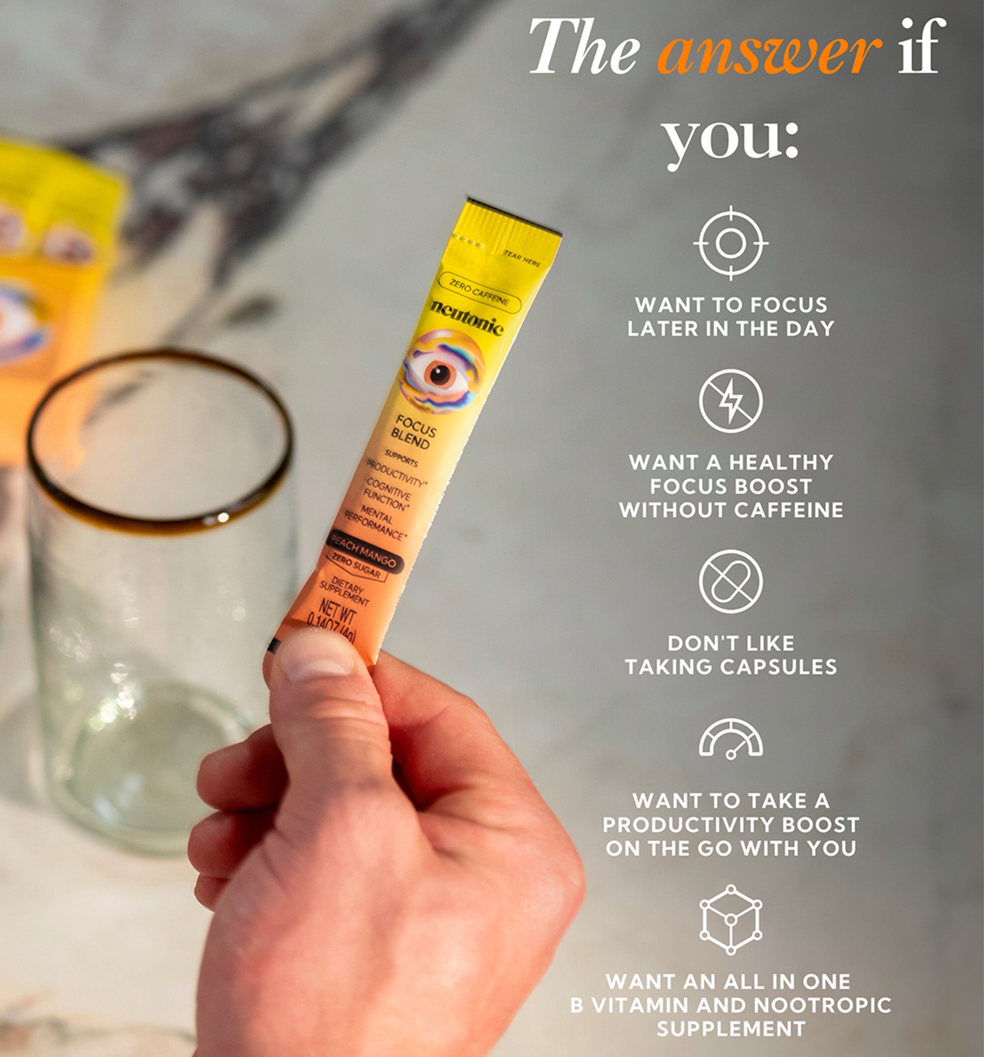 Hand holding yellow Focus Blend Starter Pack nootropics stick next to mug on table with benefits text. - Neutonic - Focus Blend Starter Pack
