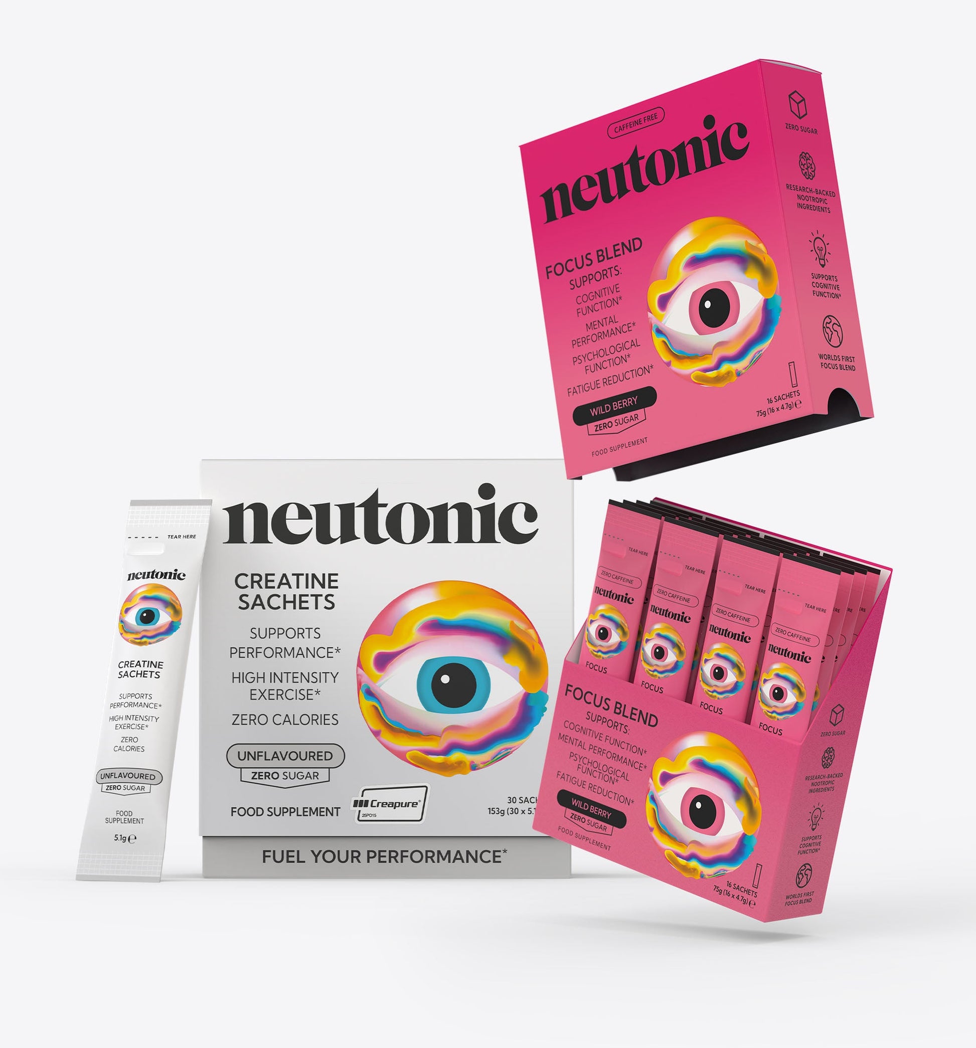 Neutonic nootropics caffeine-free all-day energy bundle with creatine sachets and colorful eye design packaging. - Neutonic - Caffeine-Free All-Day Energy Bundle