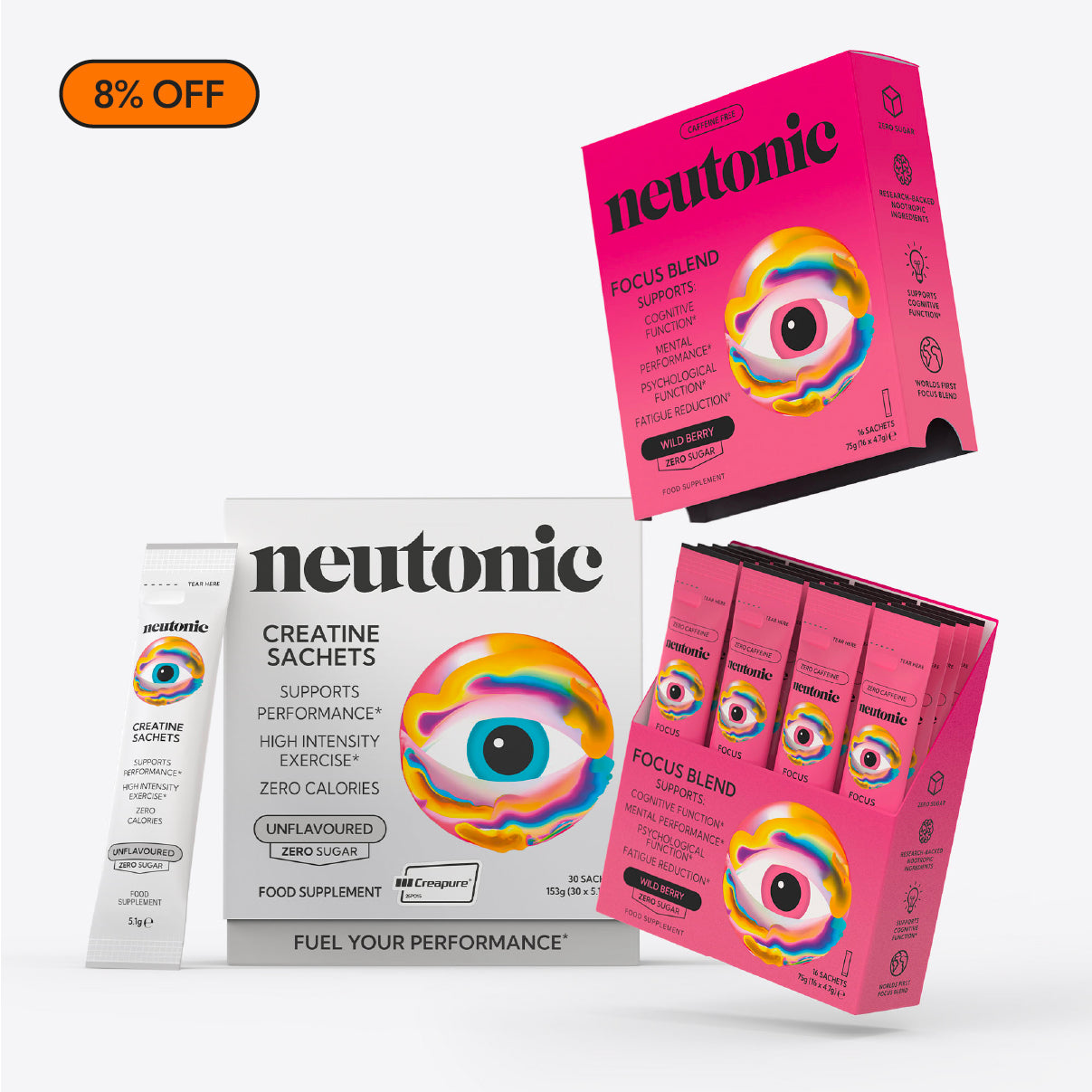 Neutonic caffeine-free nootropics bundle with creatine sachets and pink supplement boxes. - Neutonic - Caffeine-Free All-Day Energy Bundle