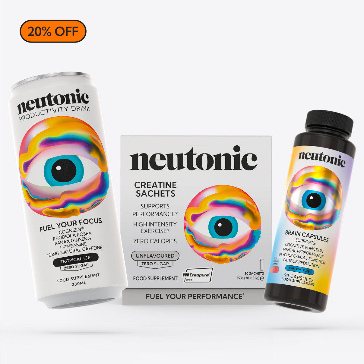 Neutonic nootropics bundle with productivity drink can, creatine sachets box, and brain capsules bottle, colorful swirl. - Neutonic - Ultimate Body + Brain Bundle