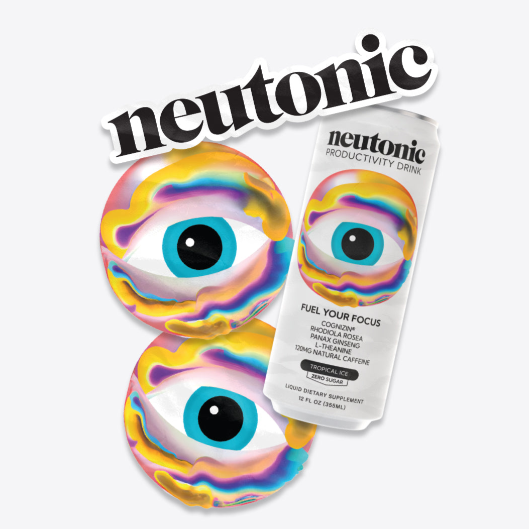 Neutonic nootropics sticker pack featuring colorful eye design and productivity drink can with bold branding. - Neutonic - Neutonic Sticker Pack