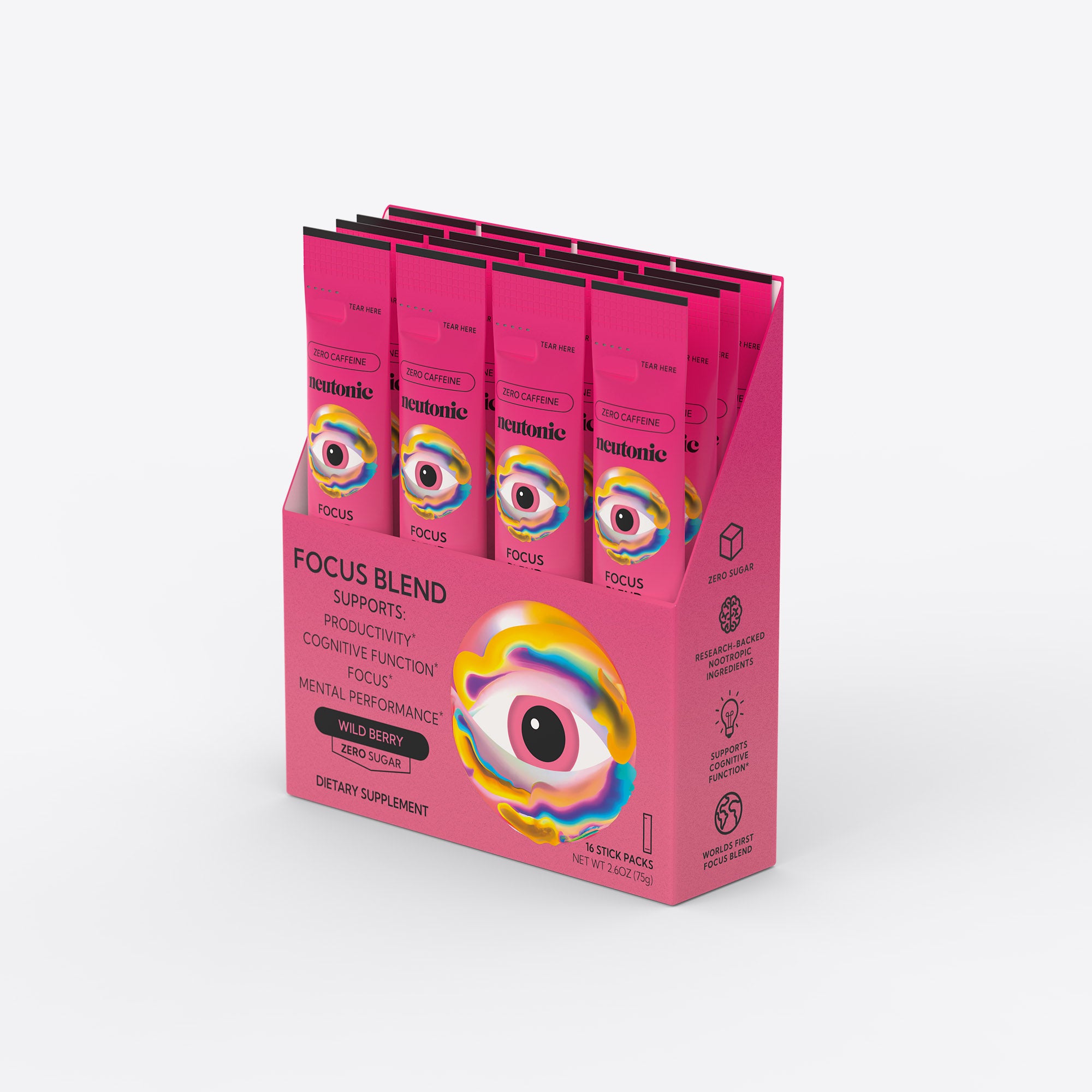 Bright pink rectangular box holding four slim nootropic supplement packets with colorful eye graphic and black text. - Neutonic - Focus Starter Bundle