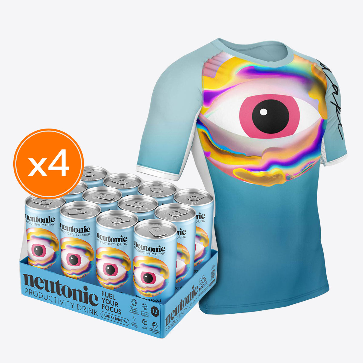 Pack of 48 Neutonic nootropics productivity drink cans with colorful eye design and matching graphic t-shirt. - Neutonic - Productivity Drink - 48 cans