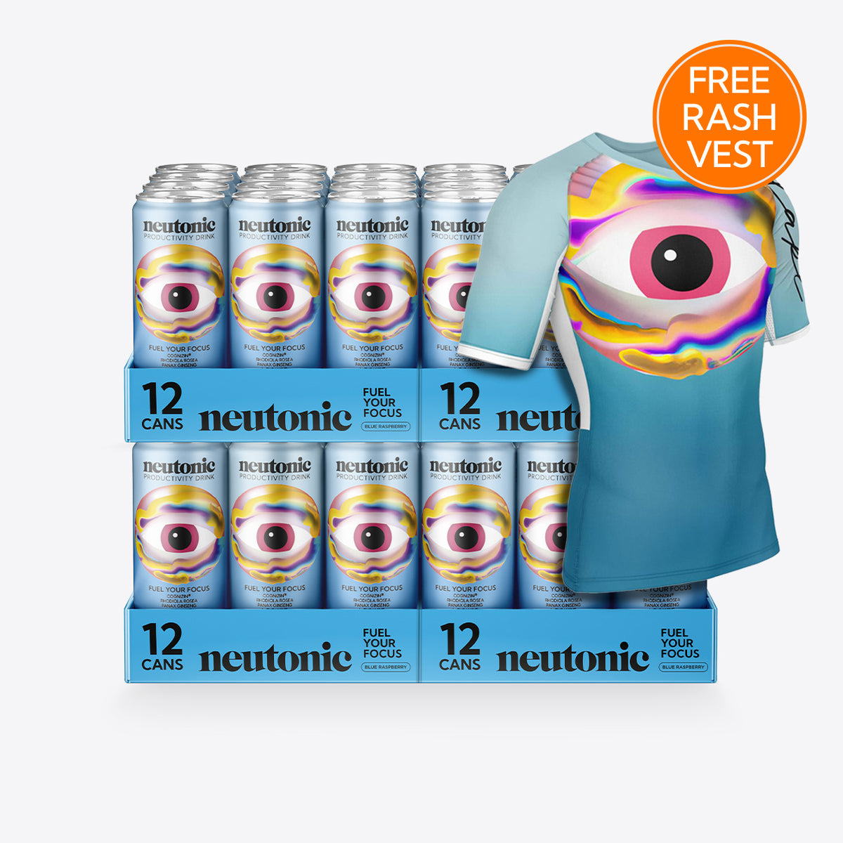 Stack of 48 cans of Neutonic nootropics productivity drink with promotional colorful rash vest featuring eye design. - Neutonic - Productivity Drink - 48 cans