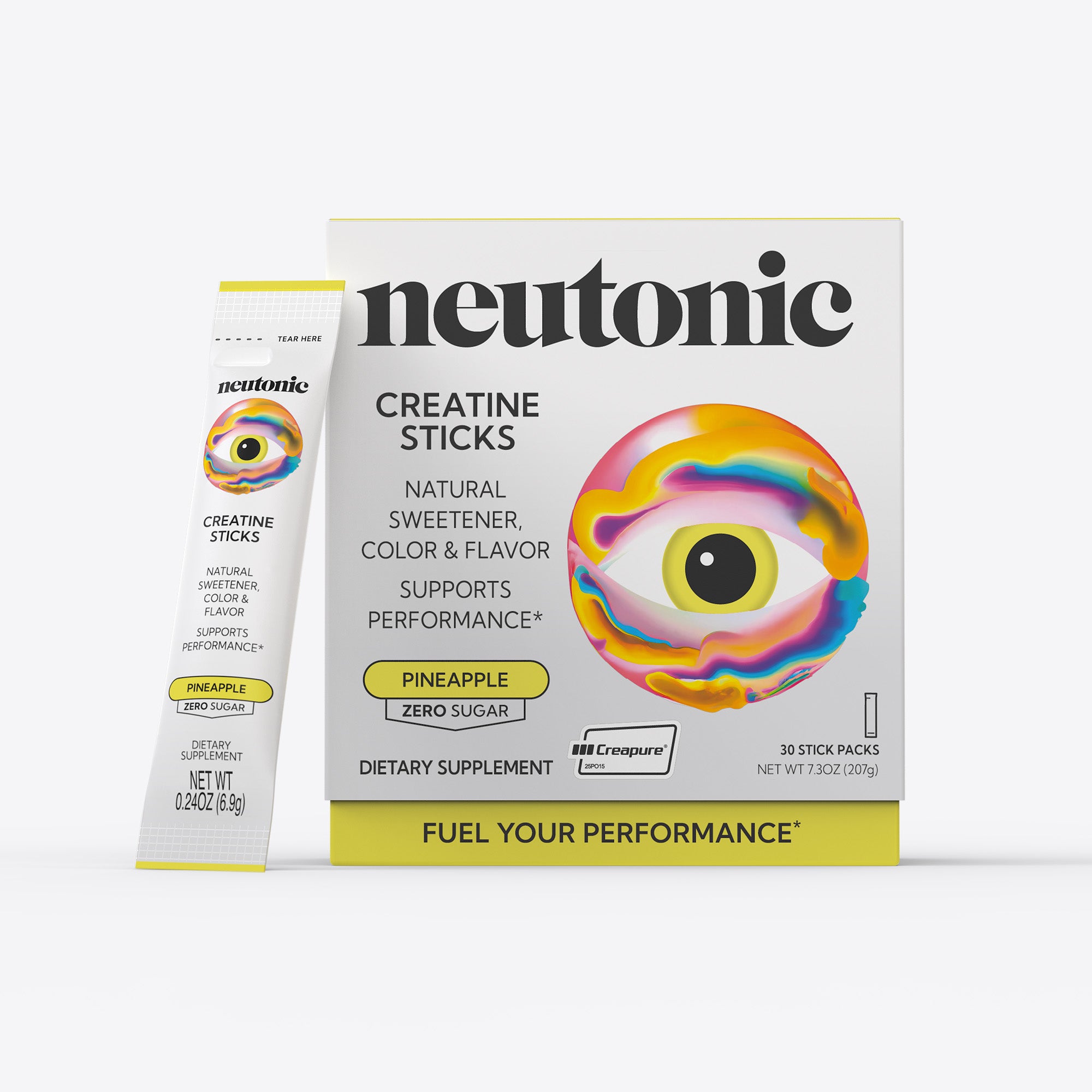Neutonic Creatine Sticks box and single stick packet with colorful eye design promoting nootropics and energy boost. - Neutonic - All-Day Energy Bundle