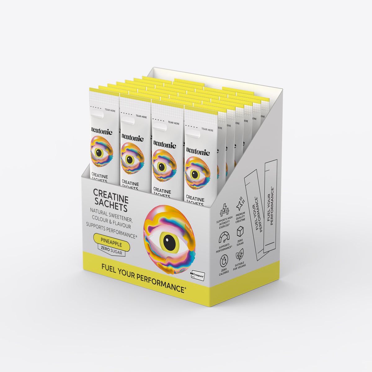 Yellow and white box of nootropics creatine sachets labeled All-Day Energy Bundle with colorful brain graphic. - Neutonic - All-Day Energy Bundle