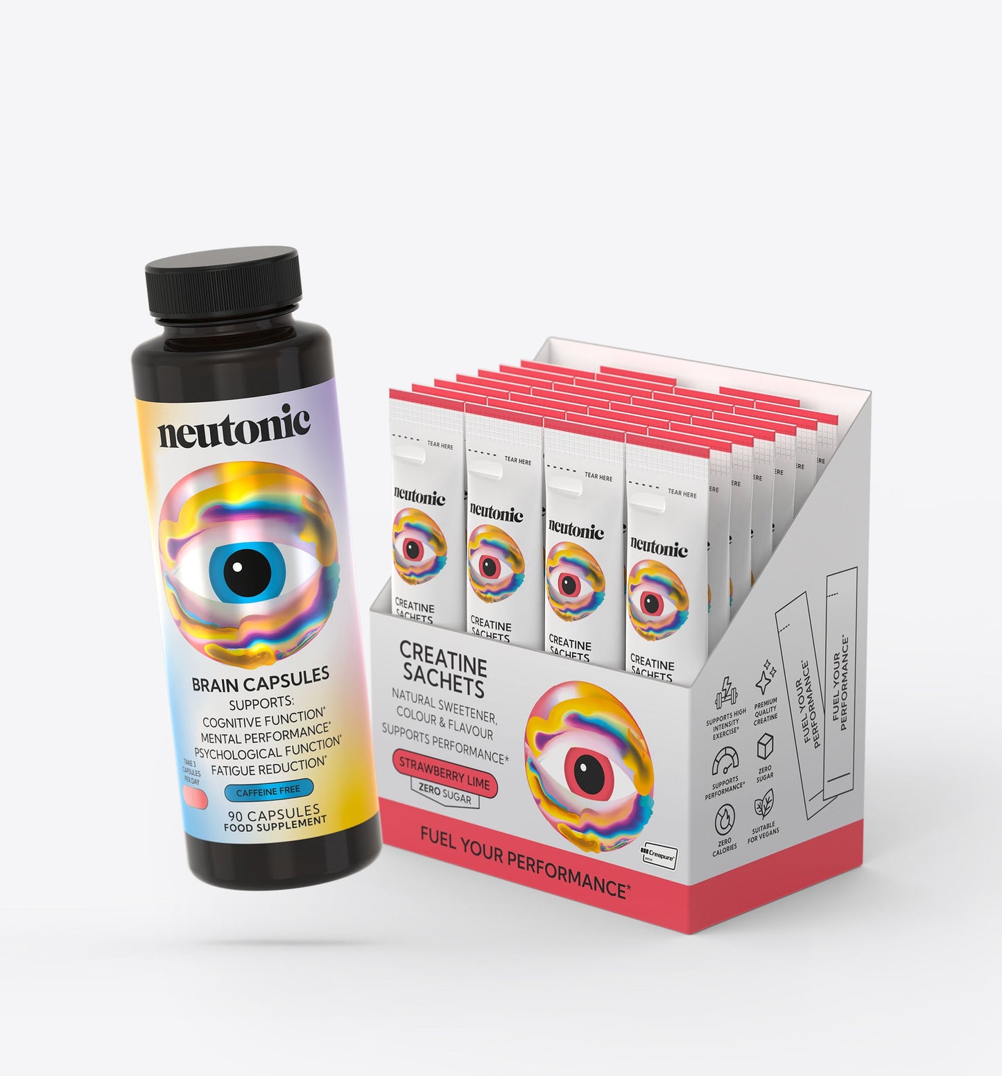 Black bottle of Neutonic Brain Capsules with colorful eye design next to a white and red box of Creatine Sachets for. - Neutonic - Performance & Focus Bundle