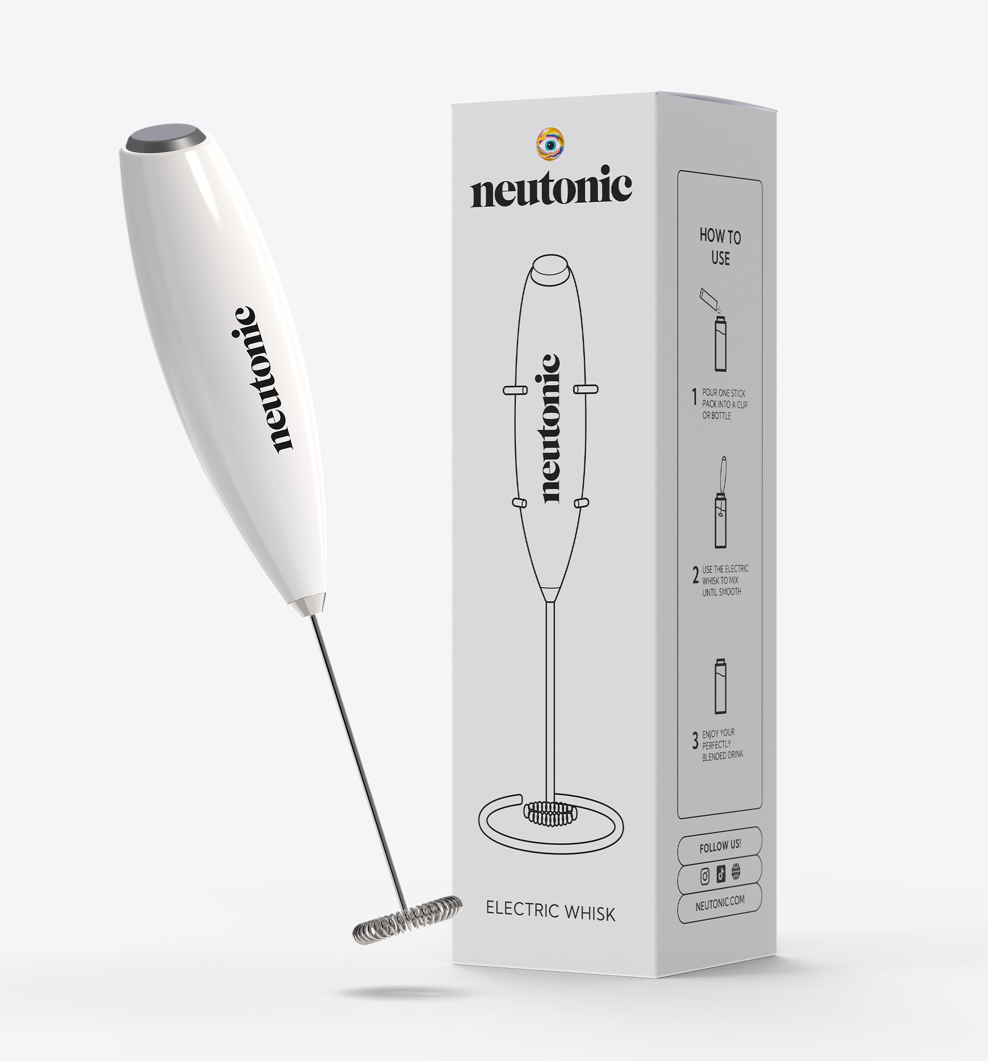 White handheld whisk with slim stainless steel rod and roller attachment, branded with Neutonic, alongside minimalist. - Neutonic - Handheld Whisk