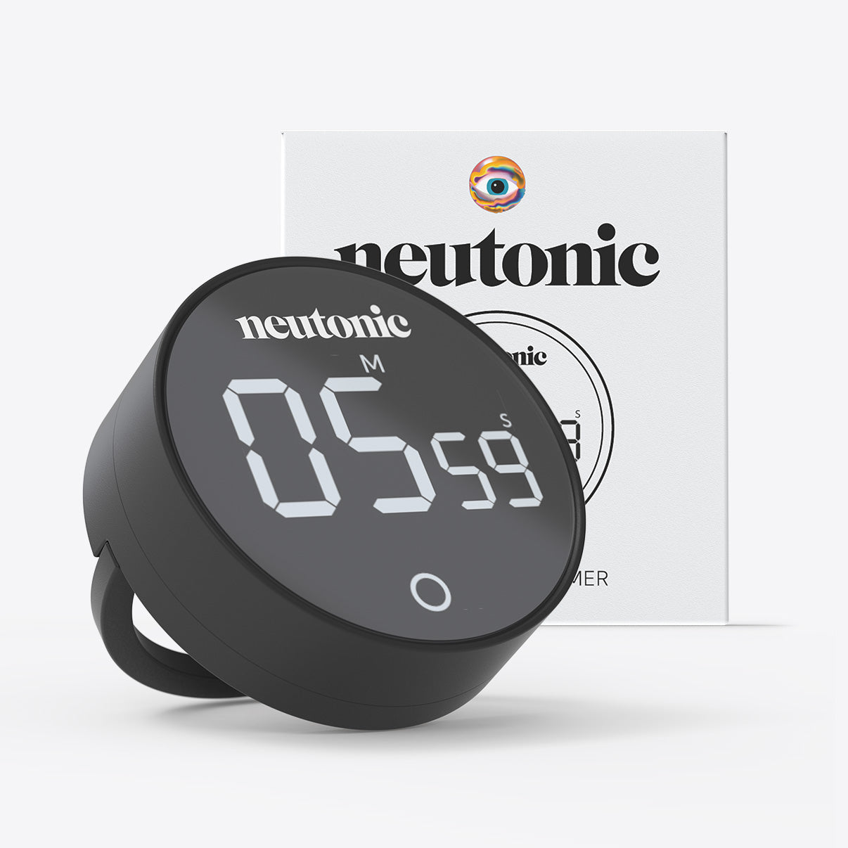 Black digital Focus Timer with large white countdown display and Neutonic branding, nootropics packaging in background. - Neutonic - Focus Timer
