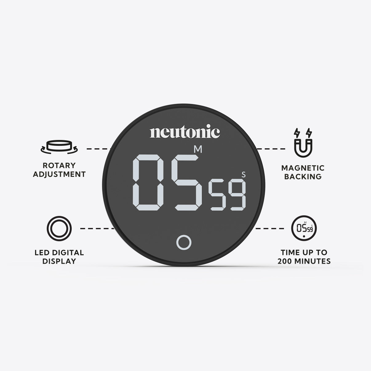 Round black digital timer with LED display showing 5 minutes 58 seconds, magnetic backing, and rotary adjustment for. - Neutonic - Focus Timer