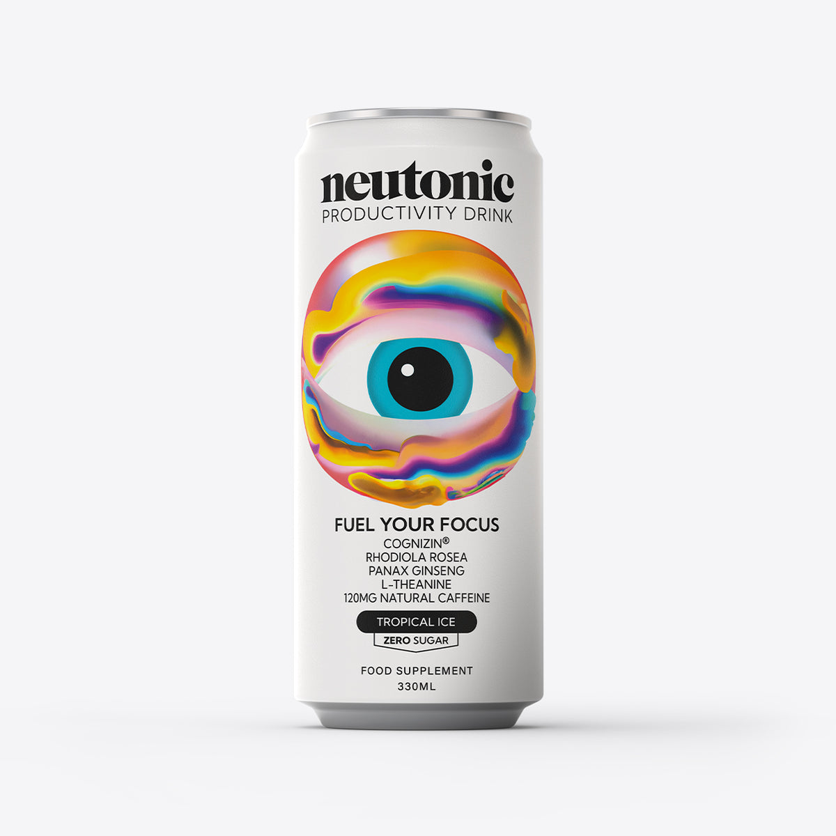White tall can of Neutonic nootropics productivity drink featuring a colorful eye graphic and "Fuel Your Focus" text. - Neutonic - Ultimate Body + Brain Bundle