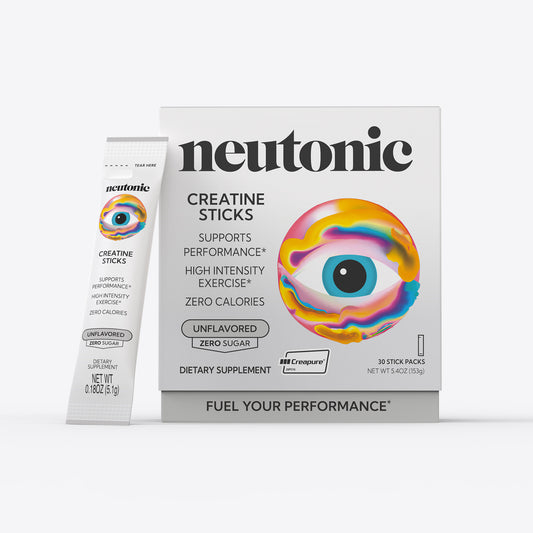Neutonic Creatine Sticks nootropics with colorful eye graphic, white tube and box packaging. - Neutonic - Caffeine-Free All-Day Energy Bundle