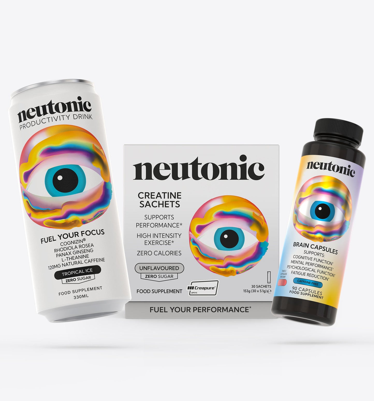 Neutonic nootropics bundle with focus drink, creatine sachets, and brain cap capsules on white background. - Neutonic - Ultimate Body + Brain Bundle