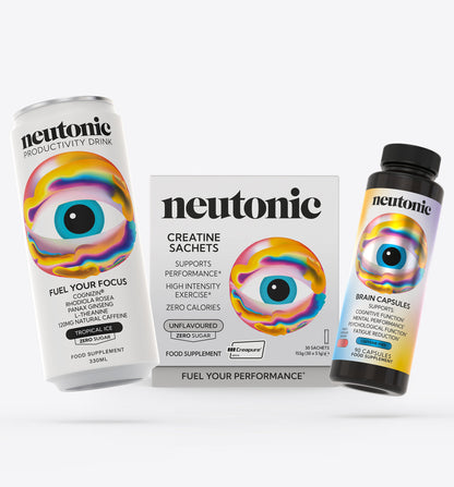 Neutonic nootropics bundle with focus drink, creatine sachets, and brain cap capsules on white background. - Neutonic - Ultimate Body + Brain Bundle