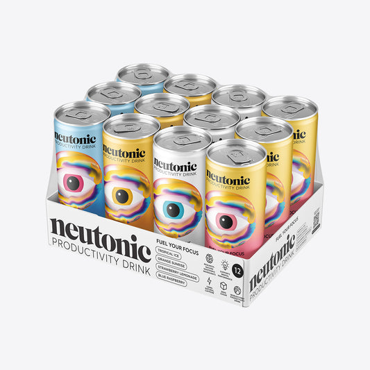 Pack of 12 Neutonic productivity drink cans in pastel yellow, blue, and pink with circular eye design, housed in a white. - Neutonic - Mixed Flavours - 12 Cans