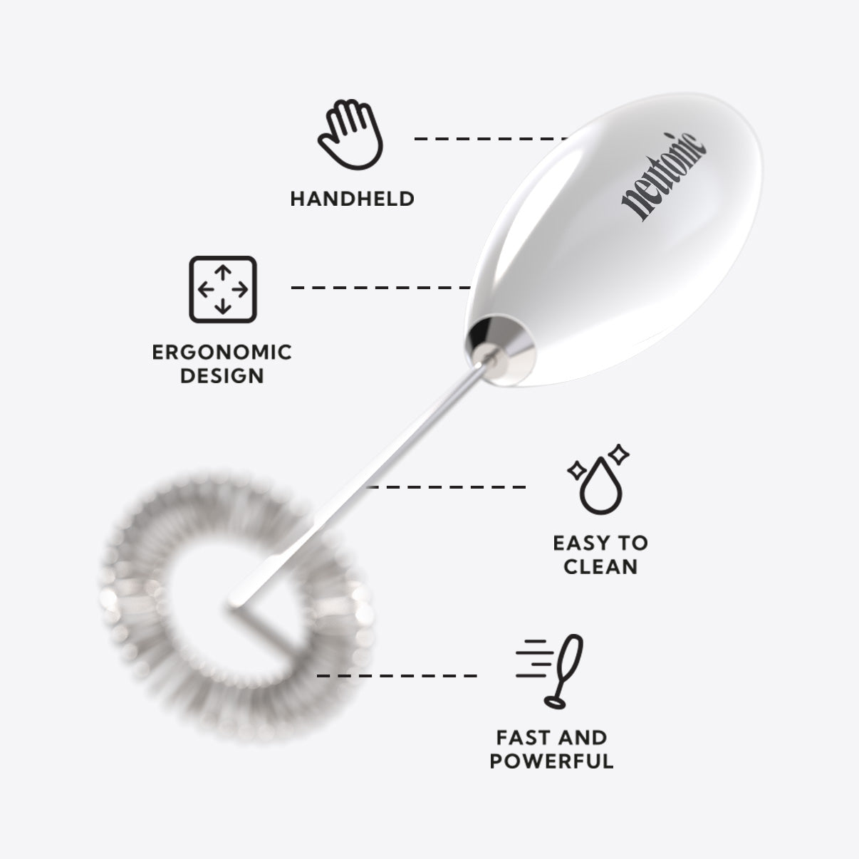 White handheld whisk with ergonomic handle, stainless steel spring head, designed for nootropics mixing. - Neutonic - Handheld Whisk