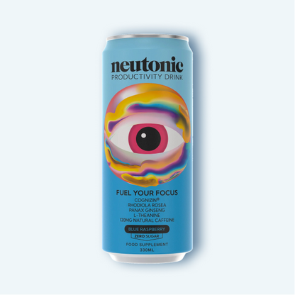 Light blue can of Neutonic Productivity Drink with colorful eye graphic, labeled nootropics and blue raspberry flavor. - Neutonic - Productivity Drink - 12 Cans