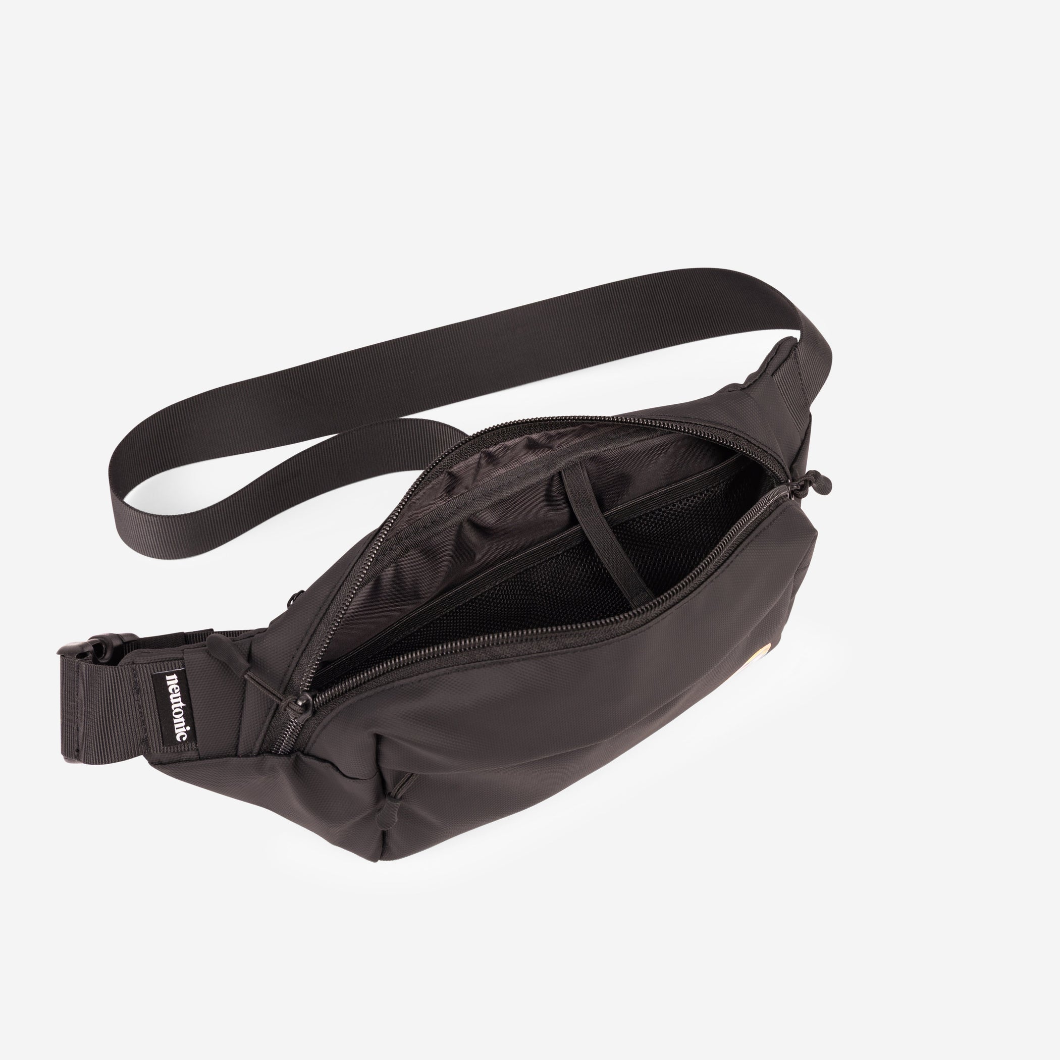 Black fabric side bag with adjustable strap, zippered main compartment open, sleek design for nootropics storage. - Neutonic - Side Bag