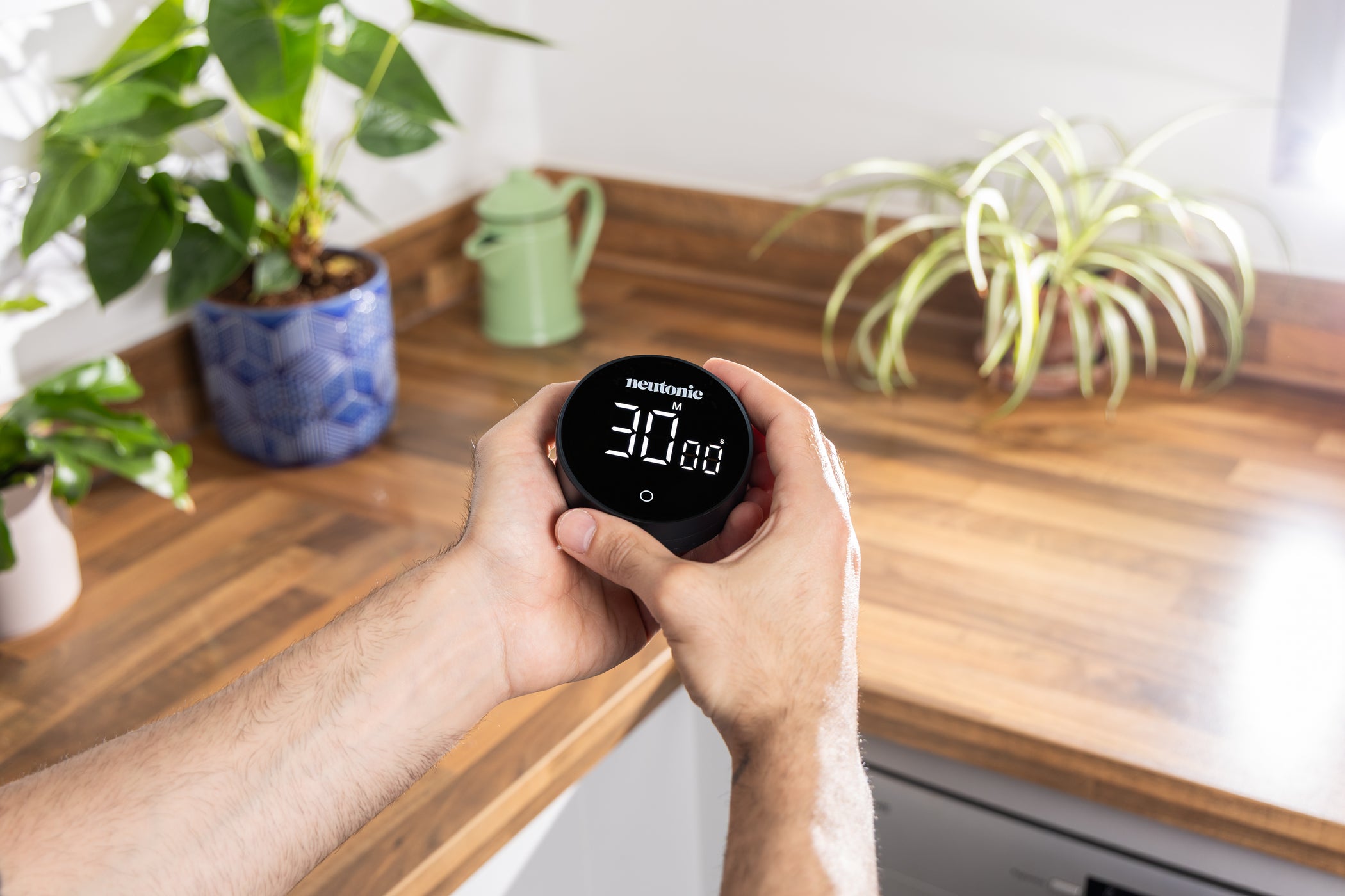 00 minutes, held in hands over wooden surface with plants surrounding, promoting nootropics use. - Neutonic - Focus Timer