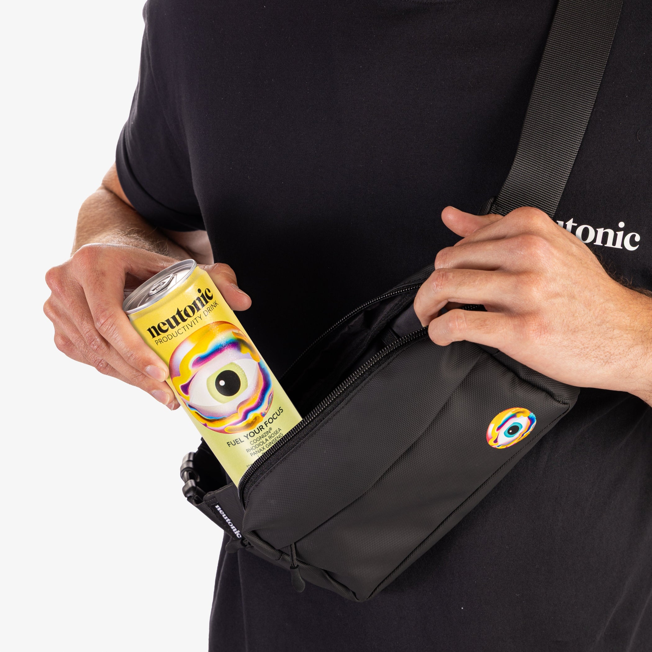 Black side bag with a colorful nootropics logo, worn crossbody, holding a yellow nootropics drink can. - Neutonic - Side Bag