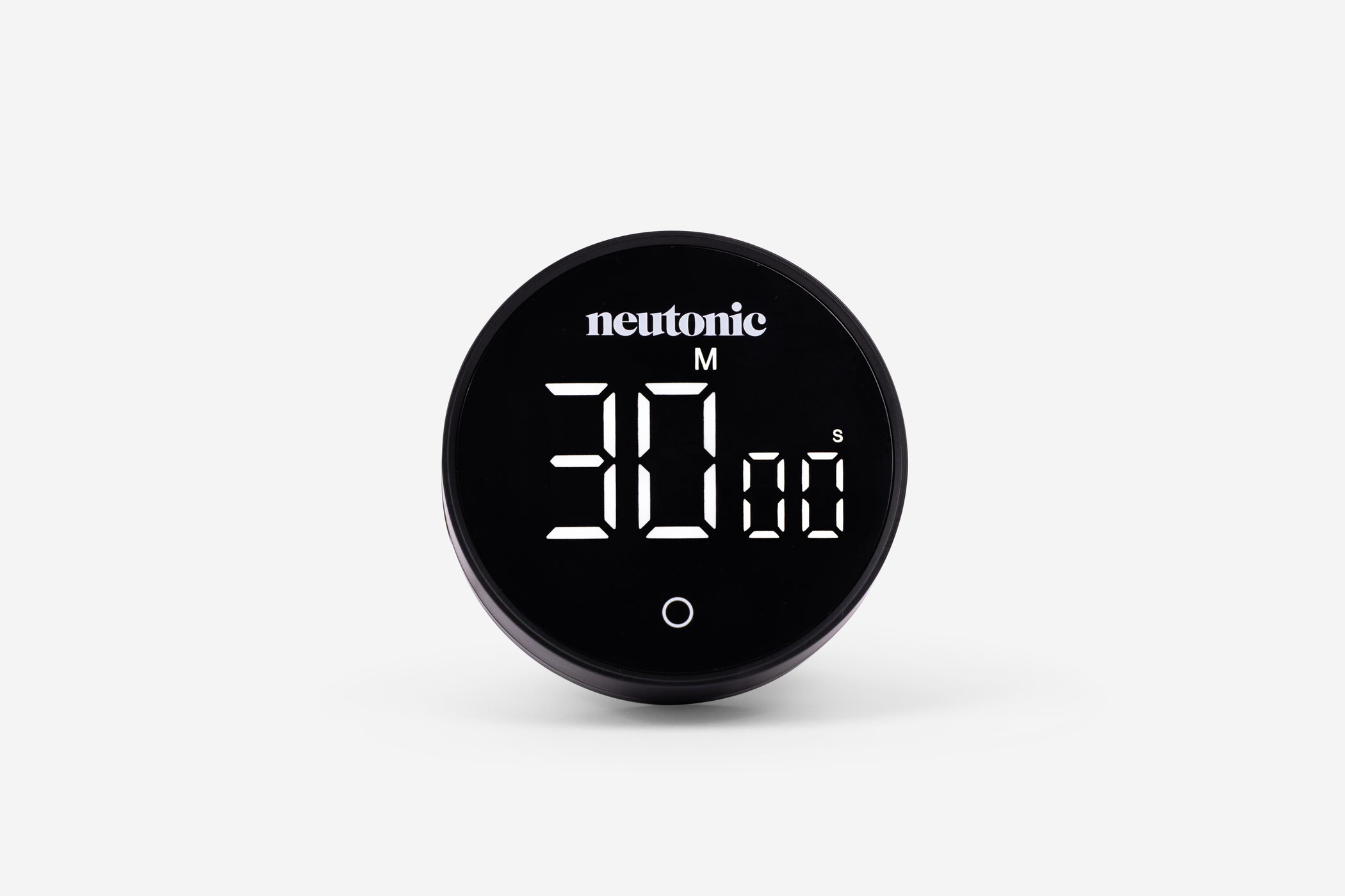 Round black digital focus timer displaying 30 minutes with nootropics branding on top. - Neutonic - Focus Timer