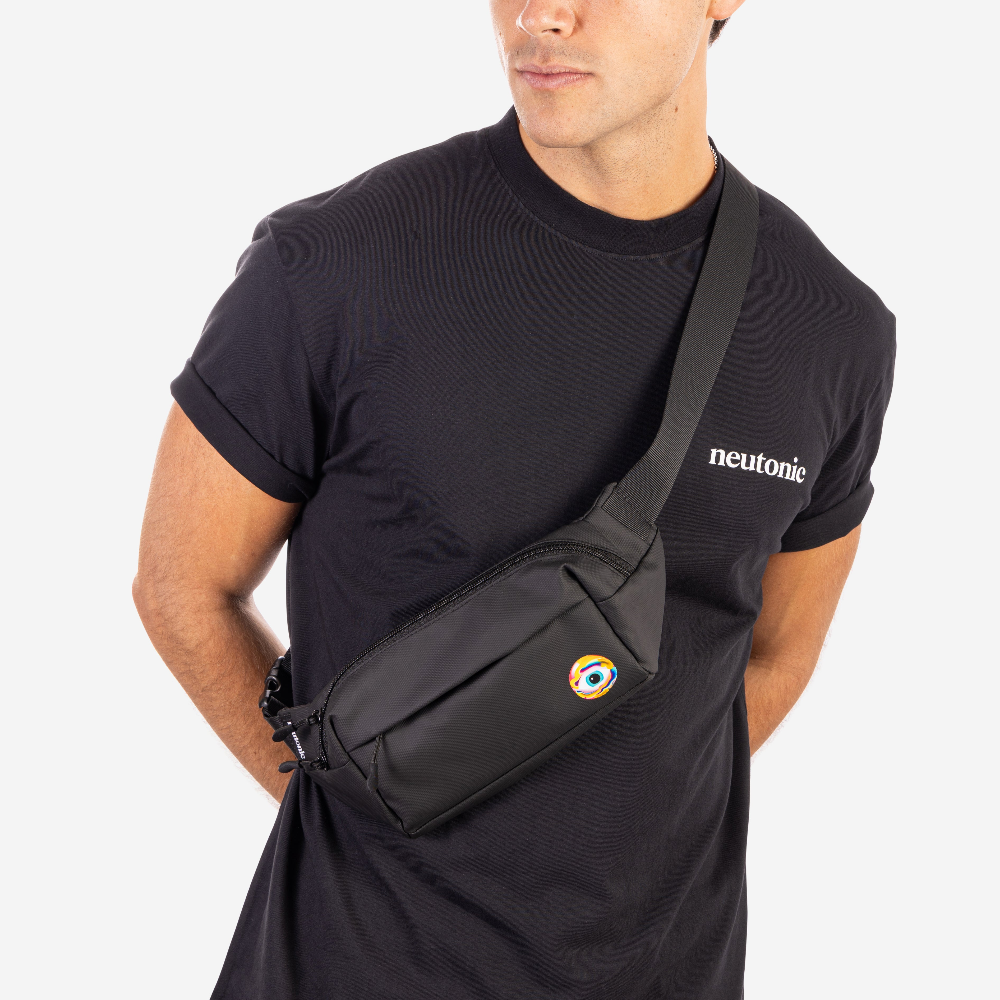Black crossbody side bag with nootropics logo patch worn over a navy blue neutonics t-shirt. - Neutonic - Side Bag