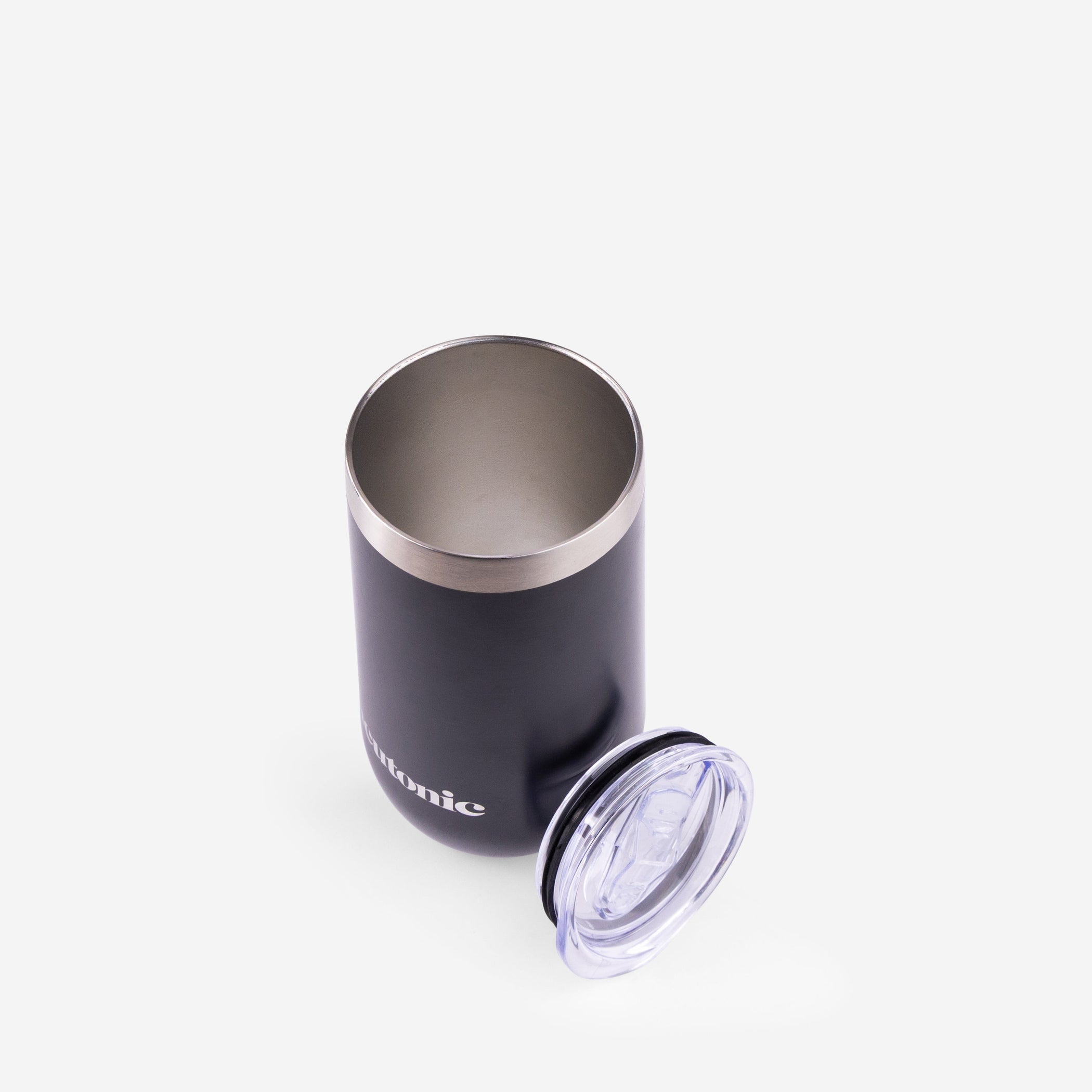 Matte black stainless steel tumbler with clear plastic lid, branded with nootropics logo. - Neutonic - Tumbler
