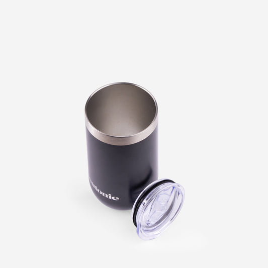 Matte black stainless steel tumbler with clear plastic lid, branded with nootropics logo. - Neutonic - Tumbler