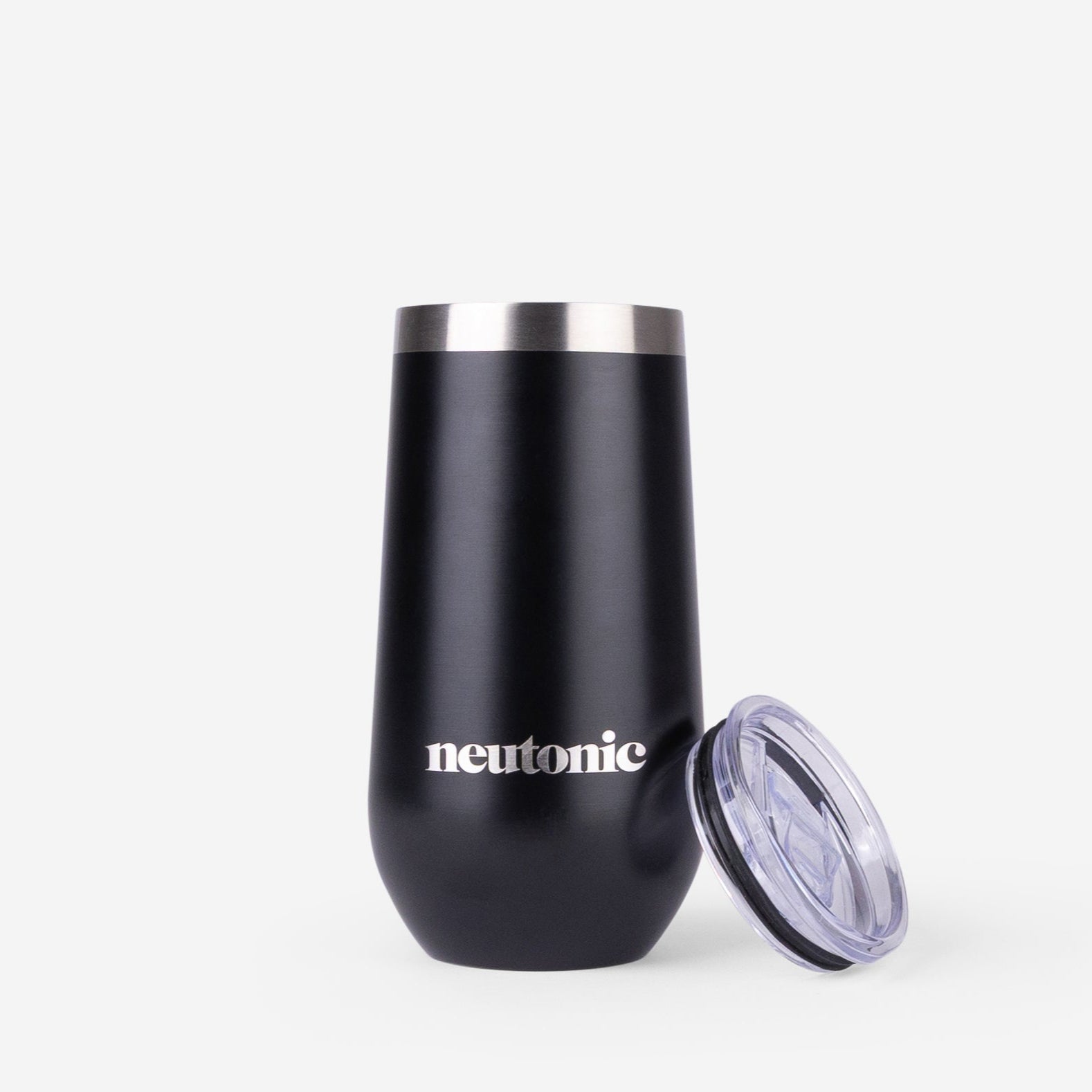 Black stainless steel tumbler with Neutonic branding and clear lid, promoting nootropics. - Neutonic - 32 Stick Pack Offer + Free Gifts