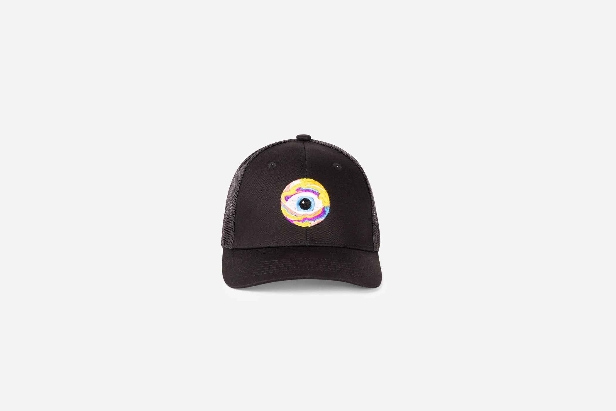 Black trucker cap with white and yellow eye emblem and nootropics text on front panel. - Neutonic - Trucker Cap - Eye