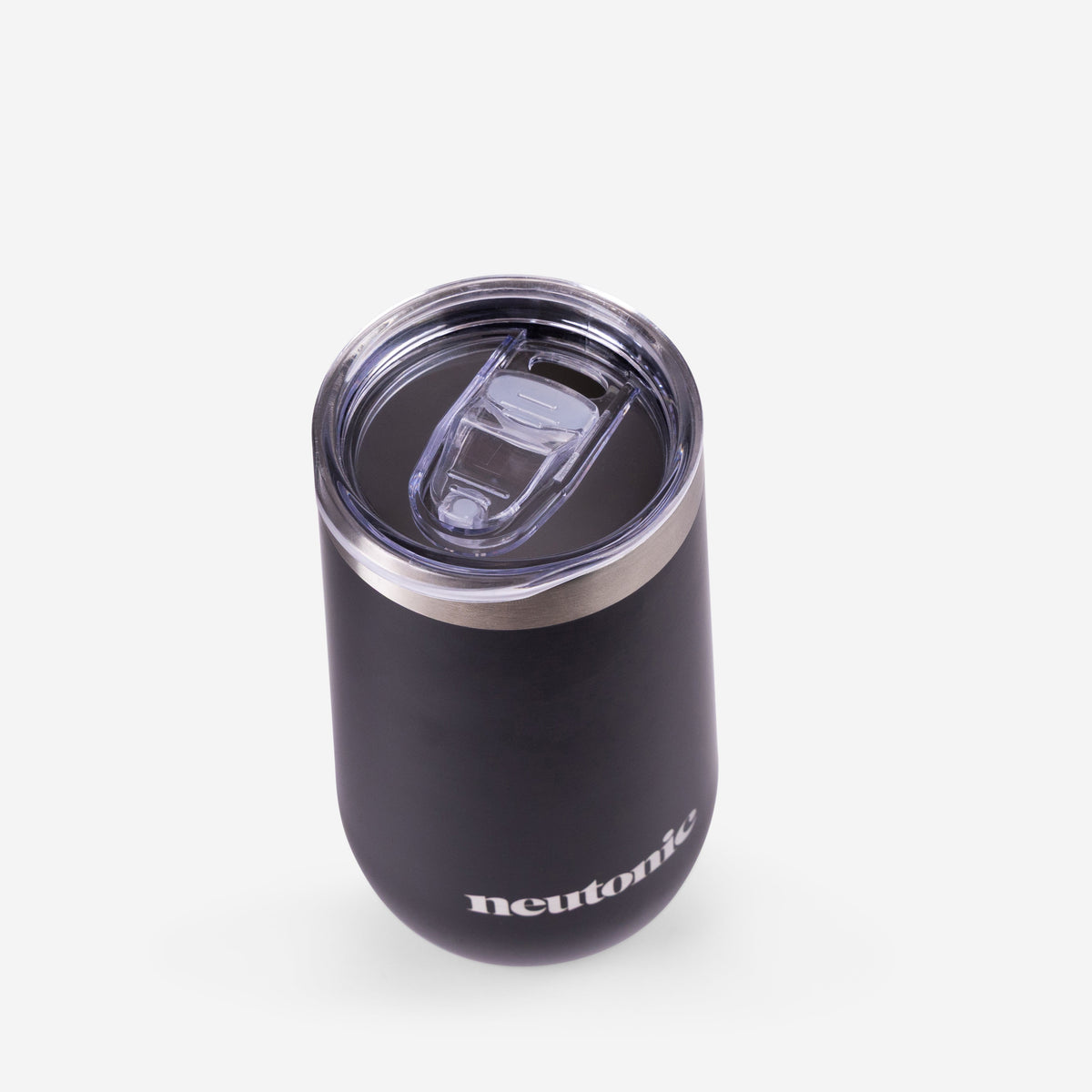 Black stainless steel tumbler with clear sliding lid and nootropics logo on front. - Neutonic - Tumbler